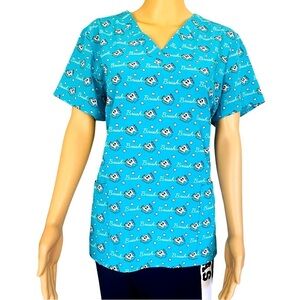 Prints by Maeven medical scrub top blue teeth print short sleeve front pockets L